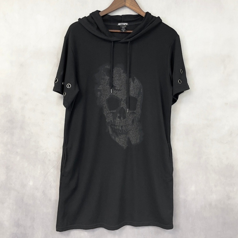 Hot Topic Glitter Skull Hematite Grommet Hooded Dress Medium Punk Edgy Alt Emo